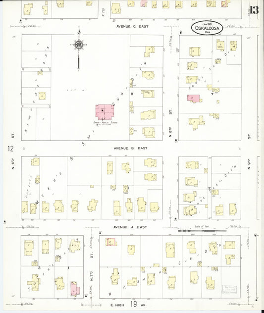 Sanborn Fire Insurance Map from Oskaloosa, Mahaska County, Iowa (1910), Sheet #0013 - Historic Sanborn Fire Insurance Map Print, vintage old map wall art