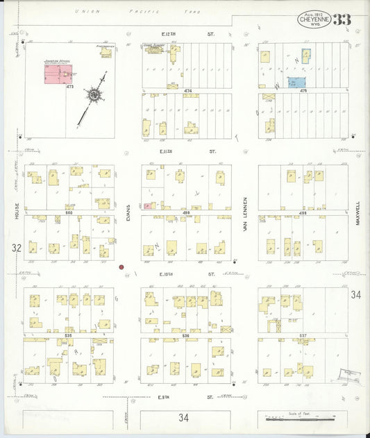 Sanborn Fire Insurance Map from Cheyenne, Laramie County, Wyoming (1912), Sheet #0033 - Historic Sanborn Fire Insurance Map Print, vintage old map wall art, antique decor, genealogy gift, Wyoming Wyoming map