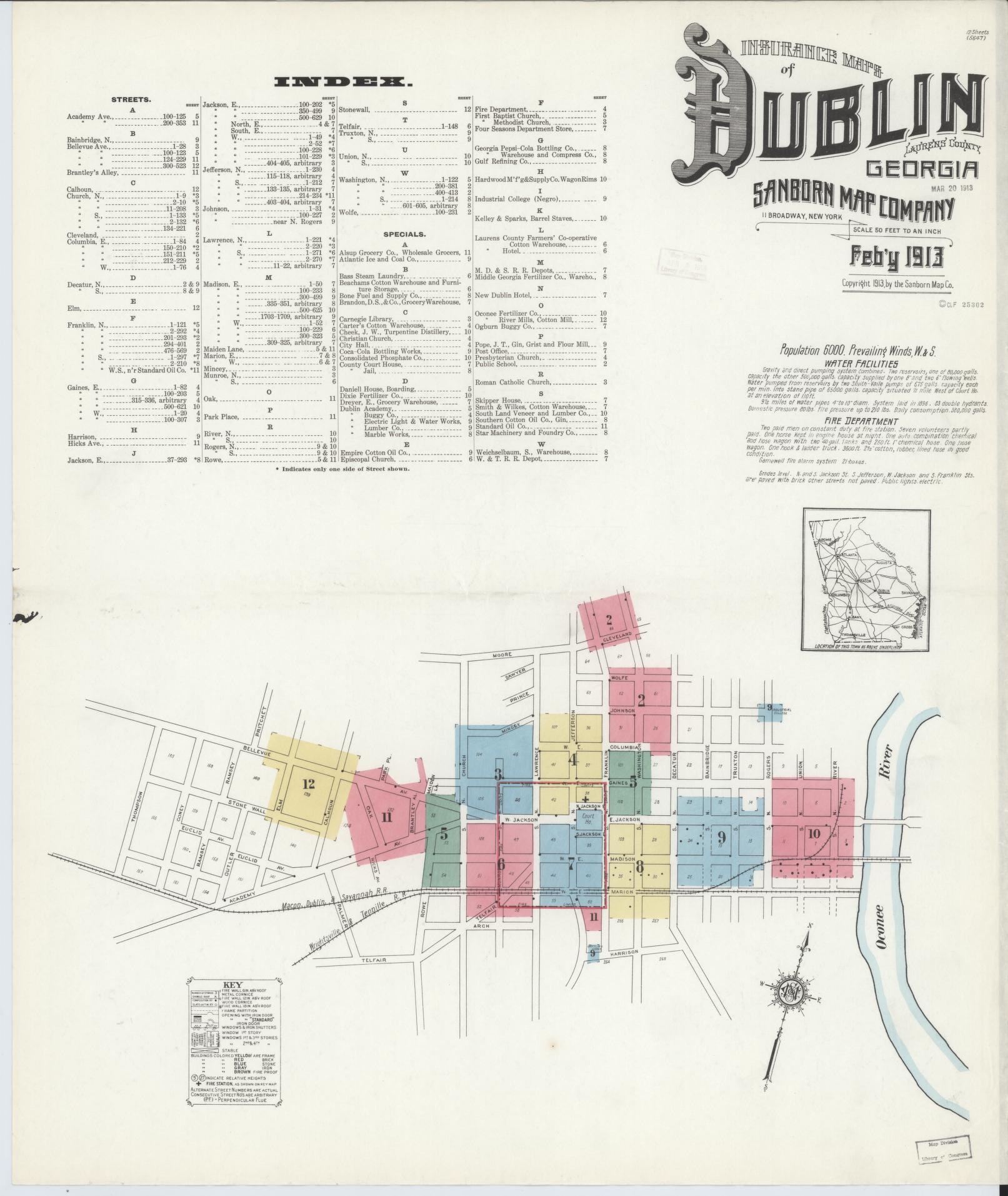 Sanborn Fire Insurance Map from Dublin, Laurens County, Georgia (1913), Sheet #0001 - Complete Map Set gallery image, historic Sanborn map, vintage wall art, Georgia Georgia