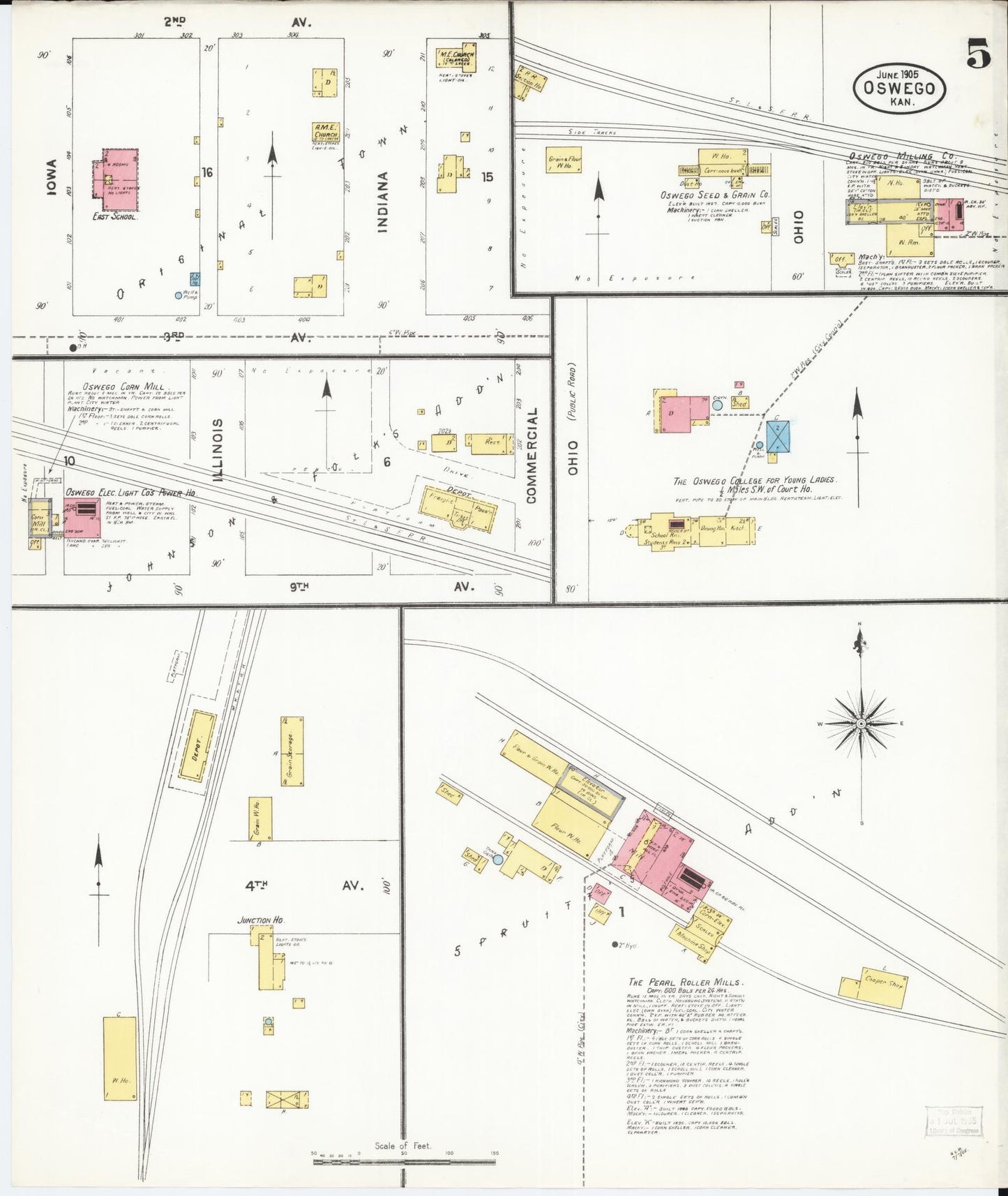 Sanborn Fire Insurance Map from Oswego, Labette County, Kansas (1905), Sheet #0005 - Historic Sanborn Fire Insurance Map Print, vintage old map wall art, antique decor, genealogy gift, Kansas Kansas map