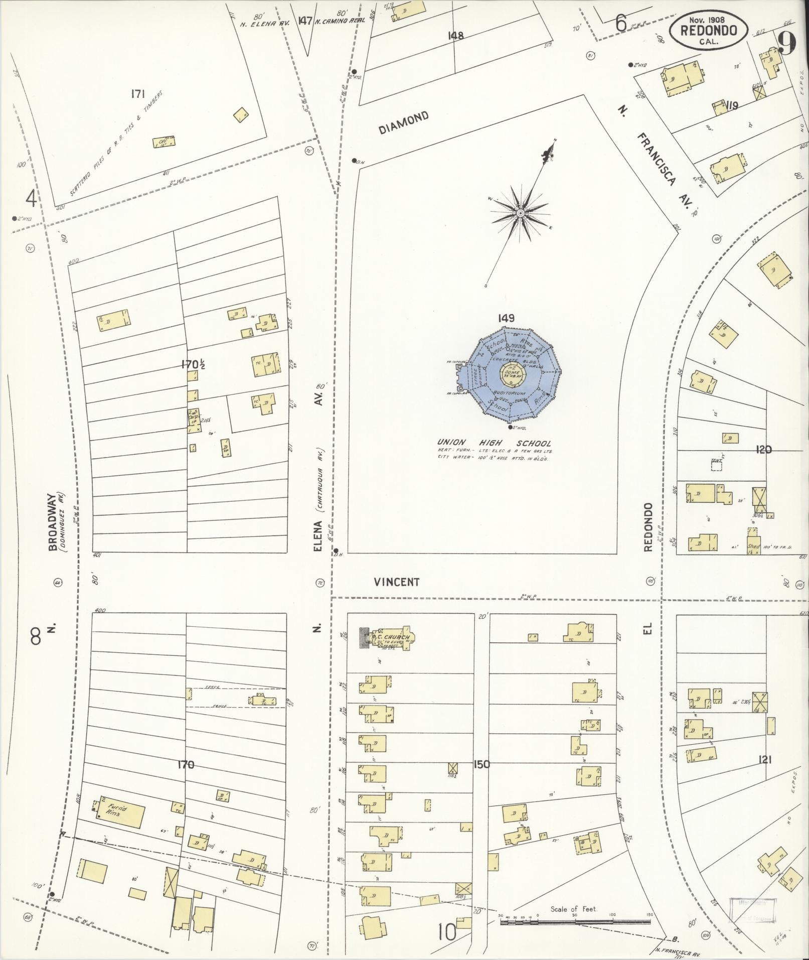 Sanborn Fire Insurance Map from Redondo Beach, Los Angeles County, California (1908), Sheet #0009 - Complete Map Set gallery image, historic Sanborn map, vintage wall art, California California