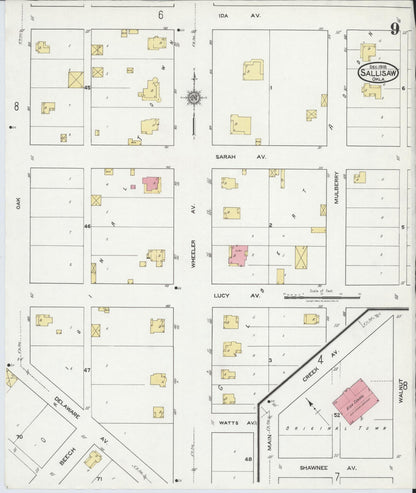 Sanborn Fire Insurance Map from Sallisaw, Sequoyah County, Oklahoma (1918), Sheet #0009 - Complete Map Set gallery image, historic Sanborn map, vintage wall art, Oklahoma Oklahoma