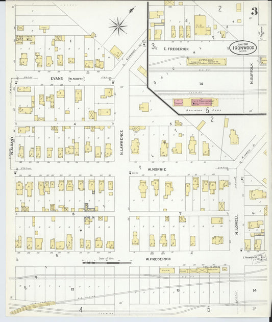 Sanborn Fire Insurance Map from Ironwood, Gogebic County, Michigan (1908), Sheet #0003 - Historic Sanborn Fire Insurance Map Print, vintage old map wall art, antique decor, genealogy gift, Michigan Michigan map