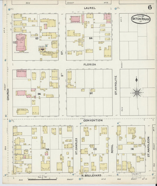 Sanborn Fire Insurance Map from Baton Rouge, East Baton Rouge Parish, Louisiana (1891), Sheet #0006 - Historic Sanborn Fire Insurance Map Print, vintage old map wall art, antique decor, genealogy gift, Louisiana Louisiana map
