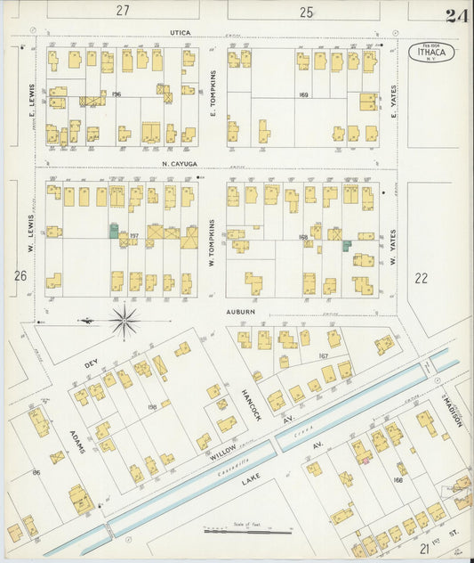 Sanborn Fire Insurance Map from Ithaca, Tompkins County, New York (1904), Sheet #0024 - Historic Sanborn Fire Insurance Map Print, vintage old map wall art, antique decor, genealogy gift, New York New York map