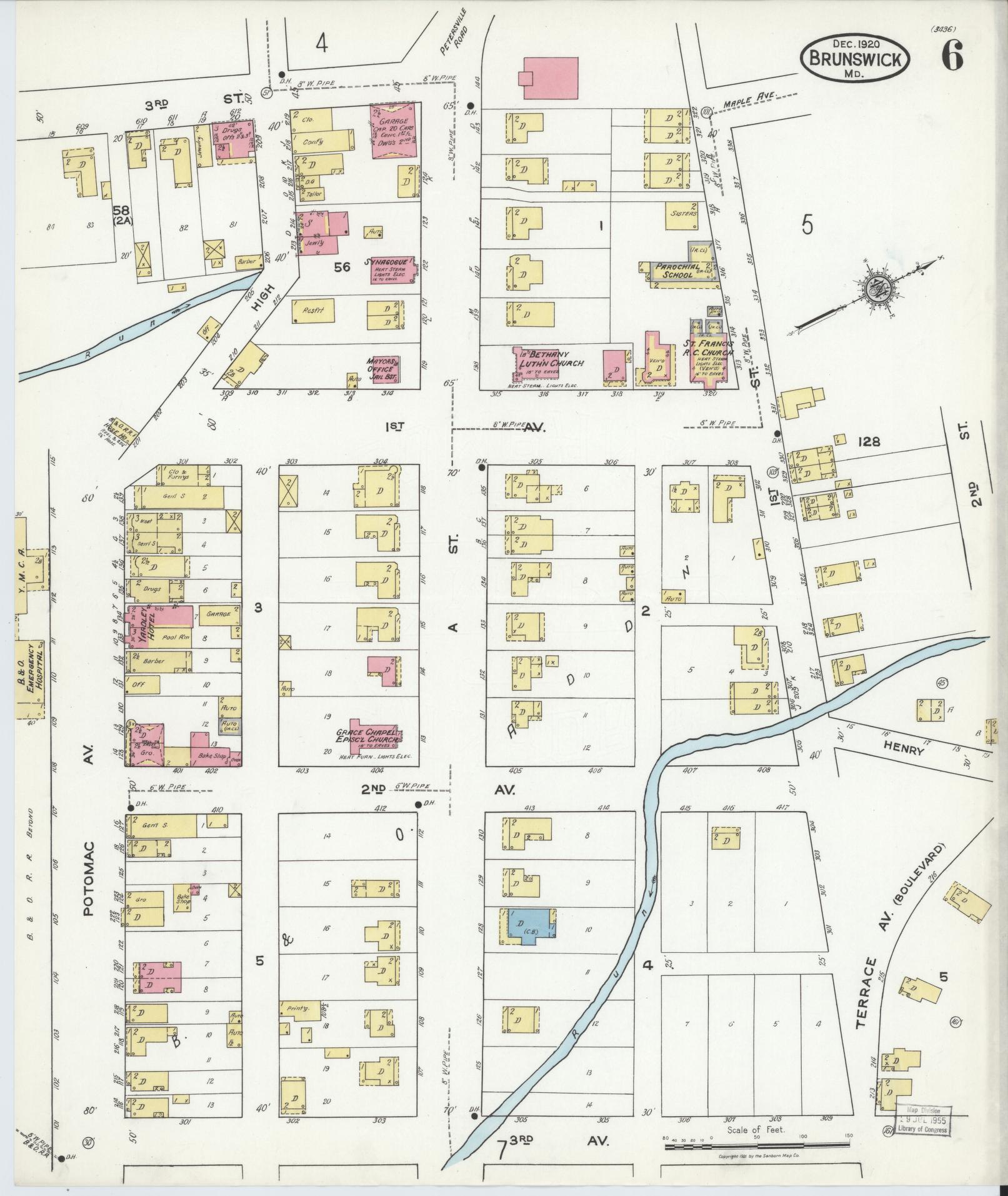 Frederick, Maryland - 1920 - Sanborn Fire Insurance Map, Sheet #0006 - Historic Sanborn Fire Insurance Map Print, Frederick Maryland 1920 0006 vintage old map wall art