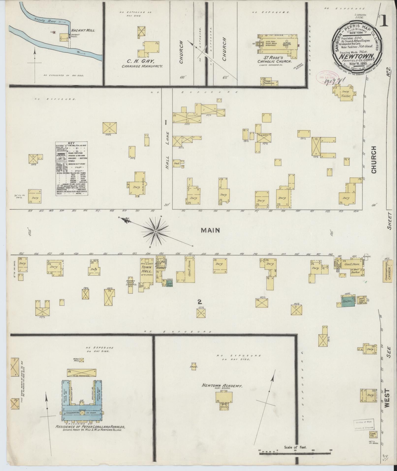 Sanborn Fire Insurance Map from Newtown, Fairfield County, Connecticut (1889), Sheet #0001 - Complete Map Set gallery image, historic Sanborn map, vintage wall art, Connecticut Connecticut