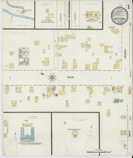 Sanborn Fire Insurance Map from Newtown, Fairfield County, Connecticut (1889), Sheet #0001 - Complete Map Set gallery image, historic Sanborn map, vintage wall art, Connecticut Connecticut