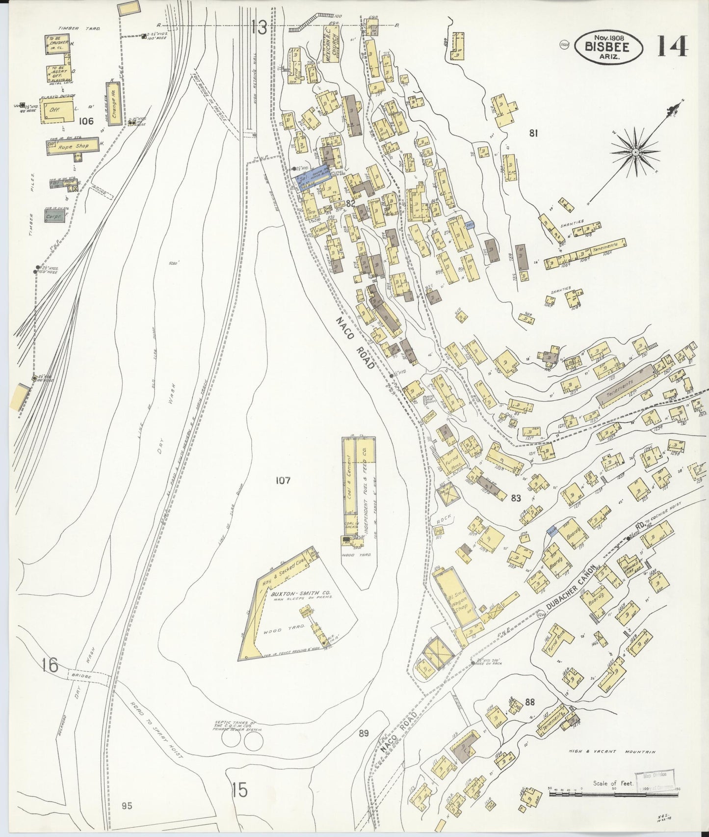 Sanborn Fire Insurance Map from Bisbee, Cochise County, Arizona (1908), Sheet #0014 - Complete Map Set gallery image, historic Sanborn map, vintage wall art, Arizona Arizona
