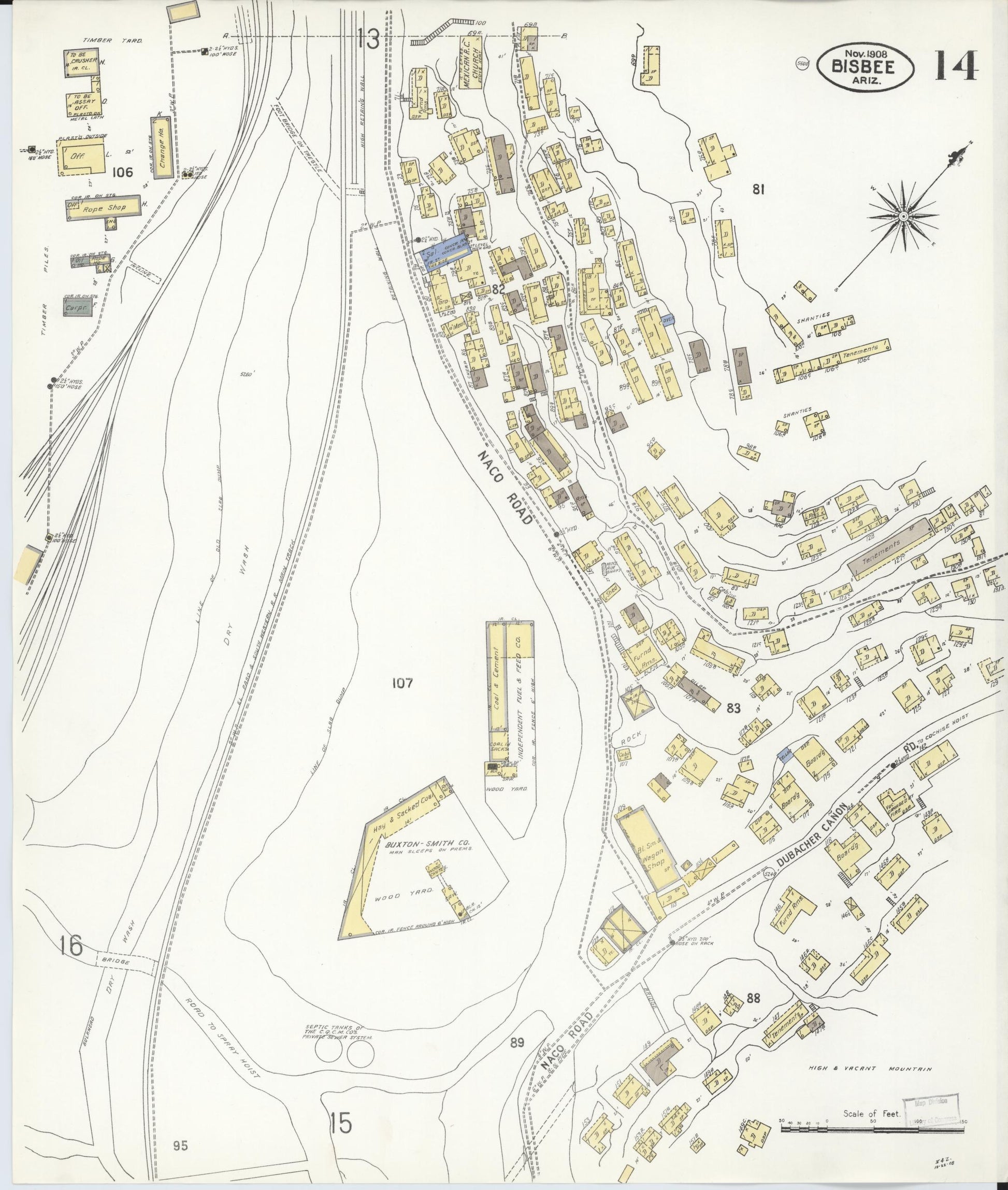 Sanborn Fire Insurance Map from Bisbee, Cochise County, Arizona (1908), Sheet #0014 - Complete Map Set gallery image, historic Sanborn map, vintage wall art, Arizona Arizona