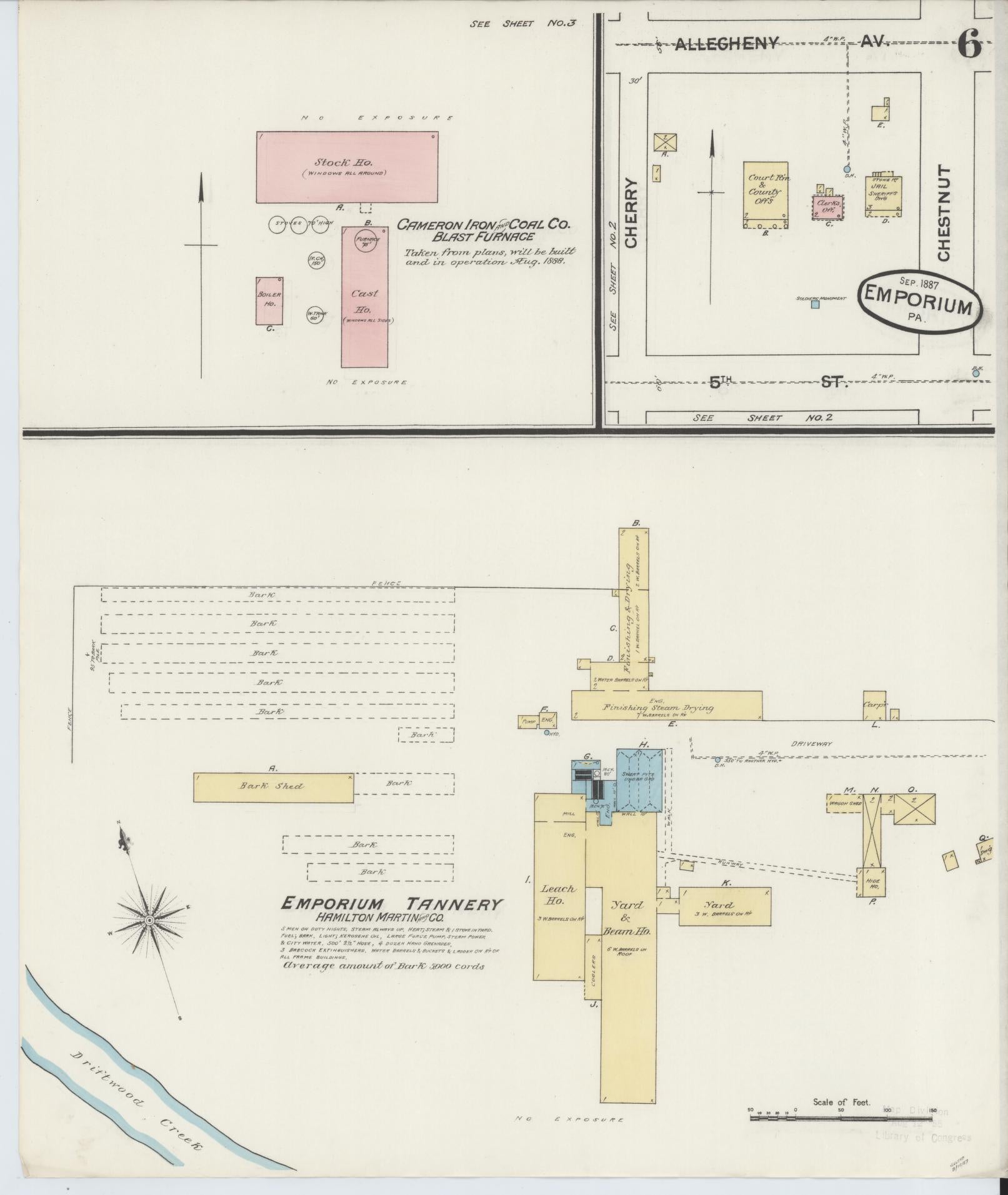 Sanborn Fire Insurance Map from Emporium, Cameron County, Pennsylvania (1887), Sheet #0006 - Historic Sanborn Fire Insurance Map Print, vintage old map wall art, antique decor, genealogy gift, Pennsylvania Pennsylvania map
