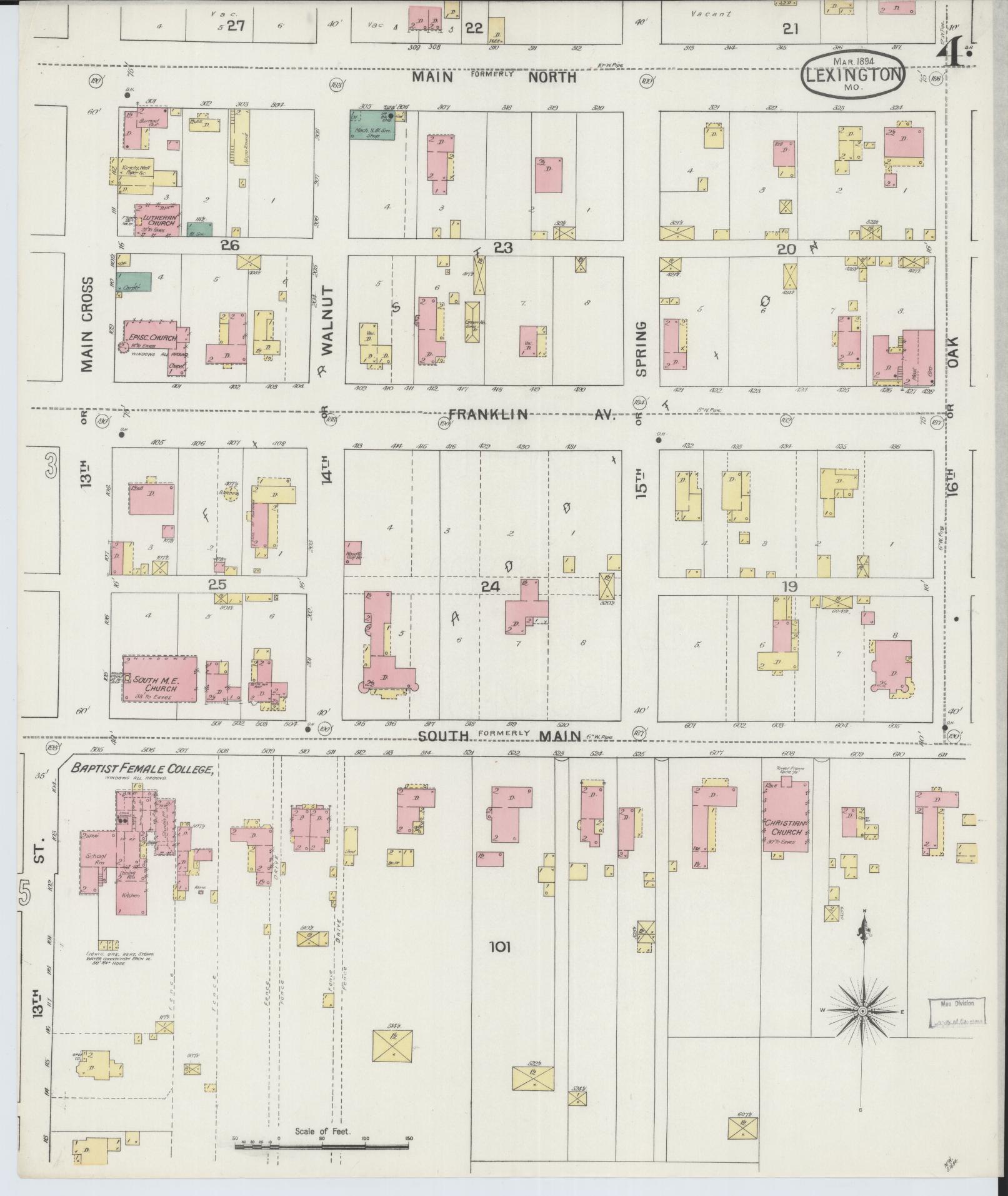Sanborn Fire Insurance Map from Lexington, Lafayette County, Missouri (1894), Sheet #0004 - Historic Sanborn Fire Insurance Map Print, vintage old map wall art, antique decor, genealogy gift, Missouri Missouri map
