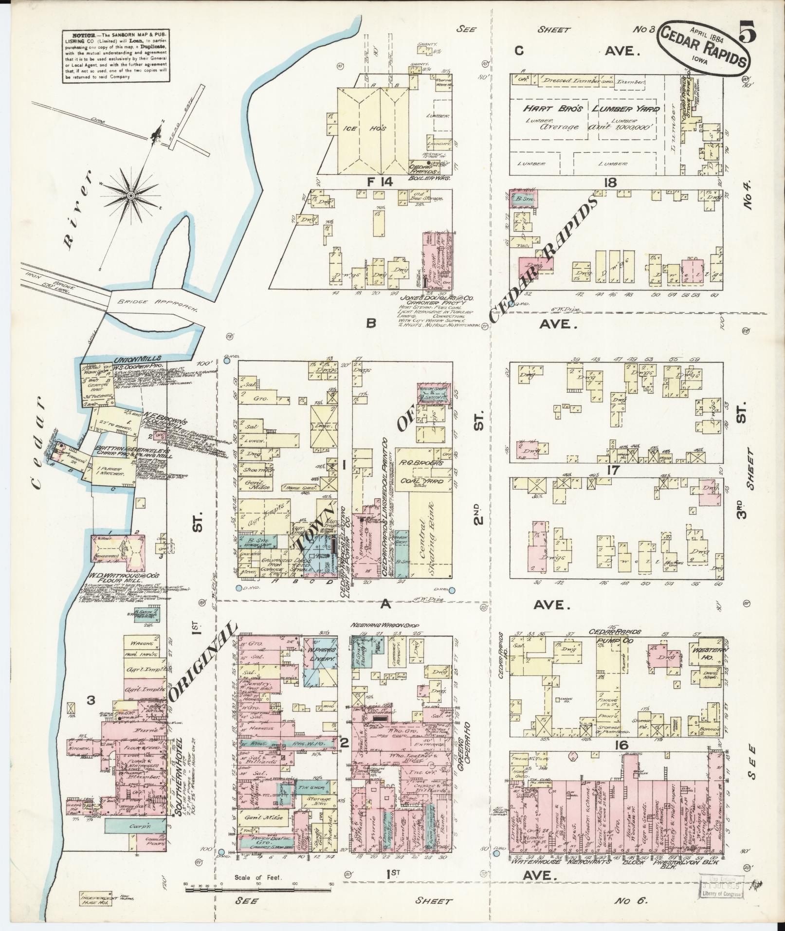 Sanborn Fire Insurance Map from Cedar Rapids, Linn County, Iowa (1884), Sheet #0005 - Historic Sanborn Fire Insurance Map Print, vintage old map wall art