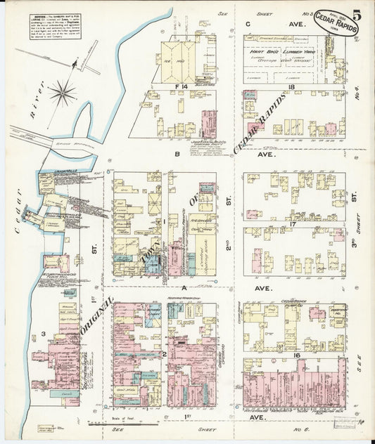 Sanborn Fire Insurance Map from Cedar Rapids, Linn County, Iowa (1884), Sheet #0005 - Historic Sanborn Fire Insurance Map Print, vintage old map wall art