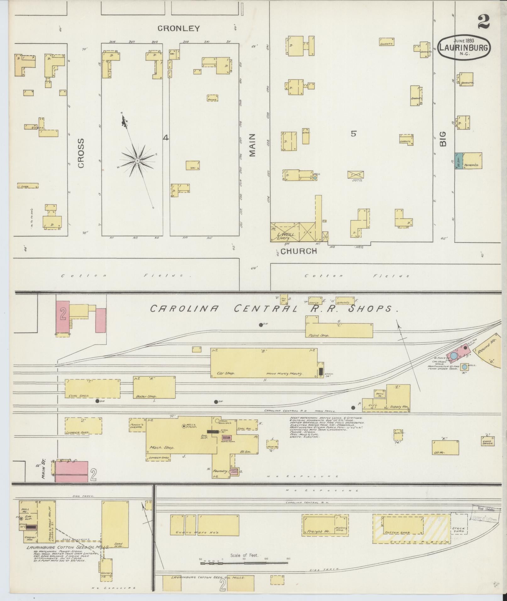 Sanborn Fire Insurance Map from Laurinburg, Scotland County, North Carolina (1893), Sheet #0002 - Complete Map Set gallery image, historic Sanborn map, vintage wall art, North Carolina North Carolina