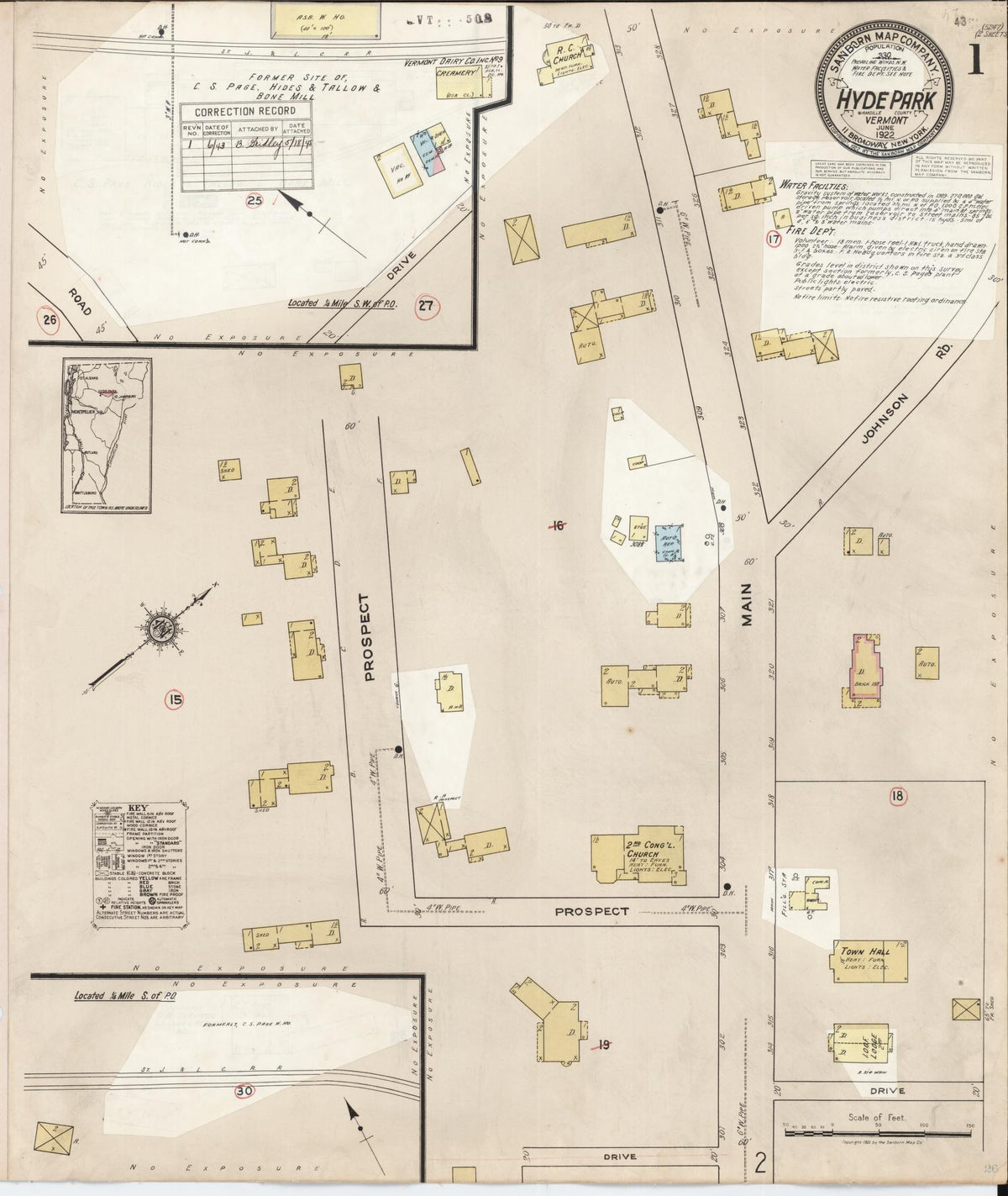 Sanborn Fire Insurance Map from Hyde Park, Lamoille County, Vermont (1943), Sheet #0001 - Historic Sanborn Fire Insurance Map Print, vintage old map wall art, antique decor, genealogy gift, Vermont Vermont map