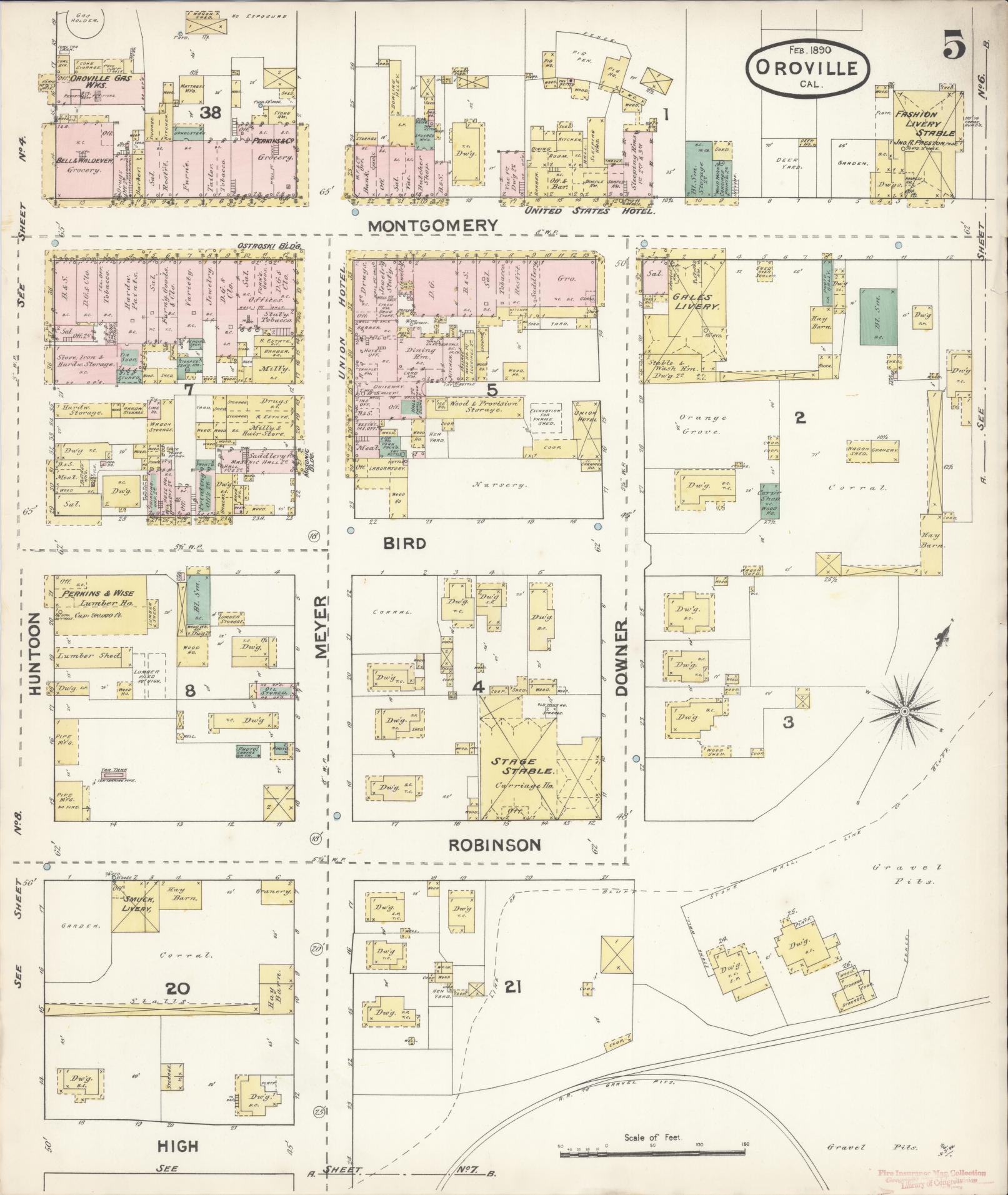 Sanborn Fire Insurance Map from Oroville, Butte County, California (1890), Sheet #0005 - Complete Map Set gallery image, historic Sanborn map, vintage wall art, California California