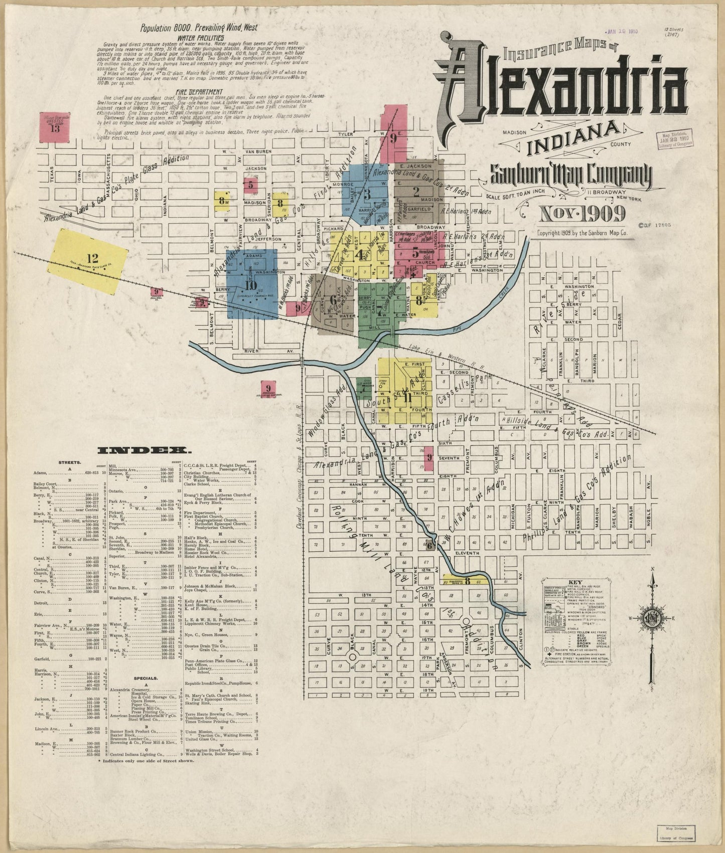 Sanborn Fire Insurance Map from Alexandria, Madison County, Indiana (1909), Sheet #0001 - Historic Sanborn Fire Insurance Map Print, vintage old map wall art, antique decor, genealogy gift, Indiana Indiana map