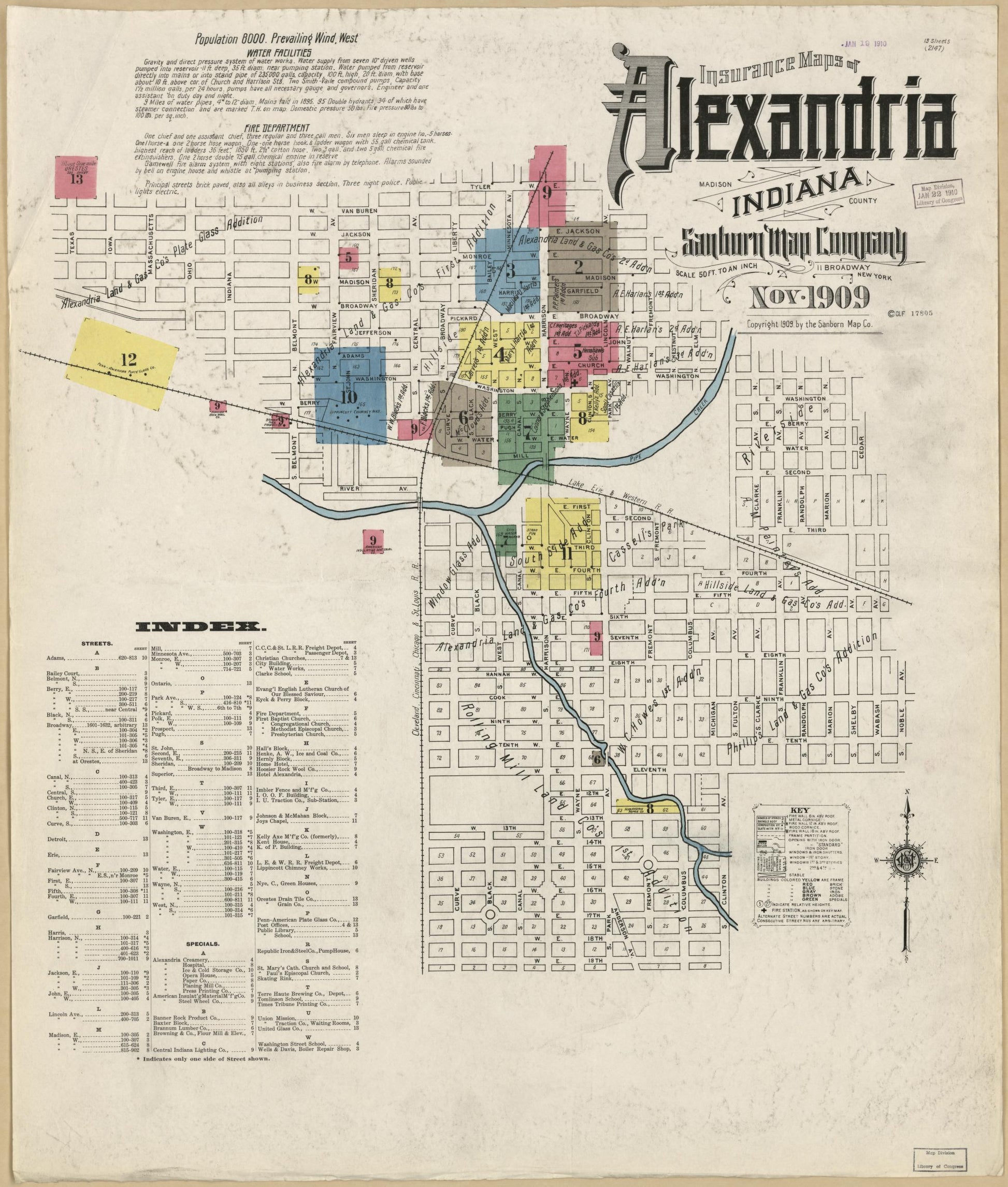 Sanborn Fire Insurance Map from Alexandria, Madison County, Indiana (1909), Sheet #0001 - Historic Sanborn Fire Insurance Map Print, vintage old map wall art, antique decor, genealogy gift, Indiana Indiana map