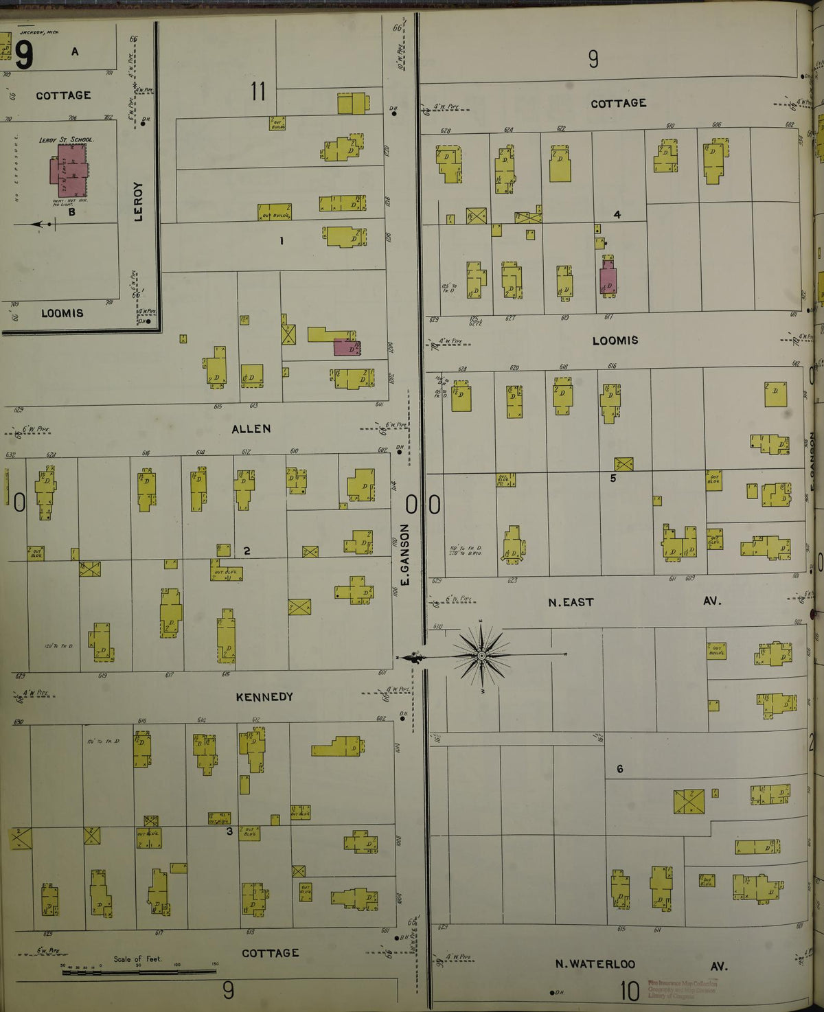 Sanborn Fire Insurance Map from Jackson, Jackson County, Michigan (1907), Sheet #0009 - Historic Sanborn Fire Insurance Map Print, vintage old map wall art, antique decor, genealogy gift, Michigan Michigan map