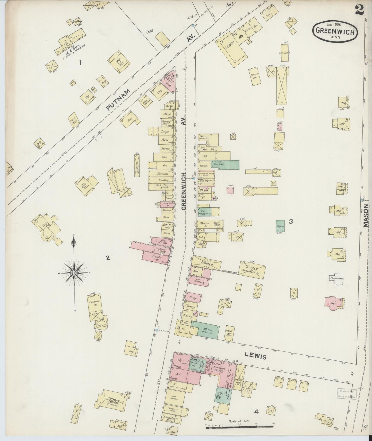Sanborn Fire Insurance Map from Greenwich, Fairfield County, Connecticut (1891), Sheet #0002 - Historic Sanborn Fire Insurance Map Print, vintage old map wall art, antique decor, genealogy gift, Connecticut Connecticut map