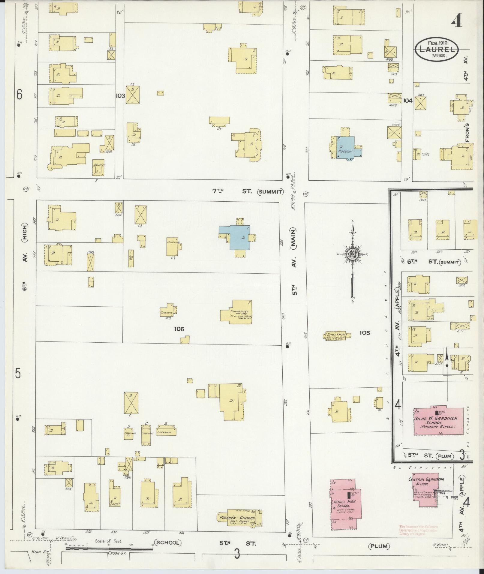 Sanborn Fire Insurance Map from Laurel, Jones County, Mississippi (1910), Sheet #0004 - Historic Sanborn Fire Insurance Map Print, vintage old map wall art, antique decor, genealogy gift, Mississippi Mississippi map