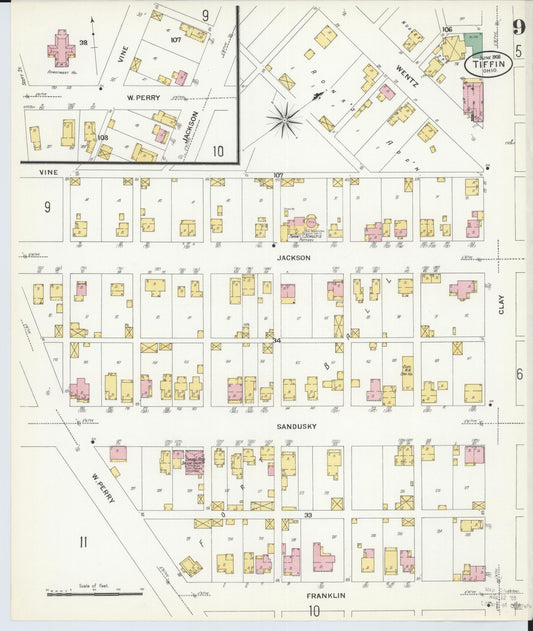 Sanborn Fire Insurance Map from Tiffin, Seneca County, Ohio (1908), Sheet #0009 - Historic Sanborn Fire Insurance Map Print, vintage old map wall art, antique decor, genealogy gift, Ohio Ohio map