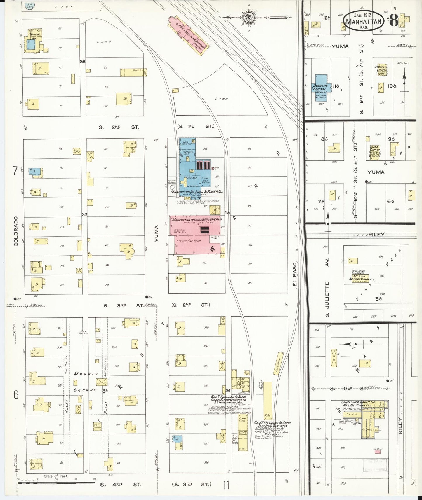 Sanborn Fire Insurance Map from Manhattan, Riley County, Kansas (1912), Sheet #0008 - Complete Map Set gallery image, historic Sanborn map, vintage wall art, Kansas Kansas
