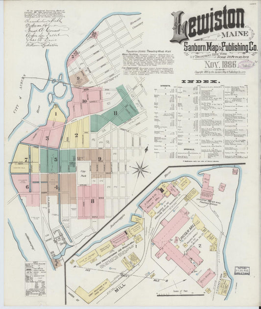 Sanborn Fire Insurance Map from Lewiston, Androscoggin County, Maine (1886), Sheet #0001 - Historic Sanborn Fire Insurance Map Print, vintage old map wall art, antique decor, genealogy gift, Maine Maine map