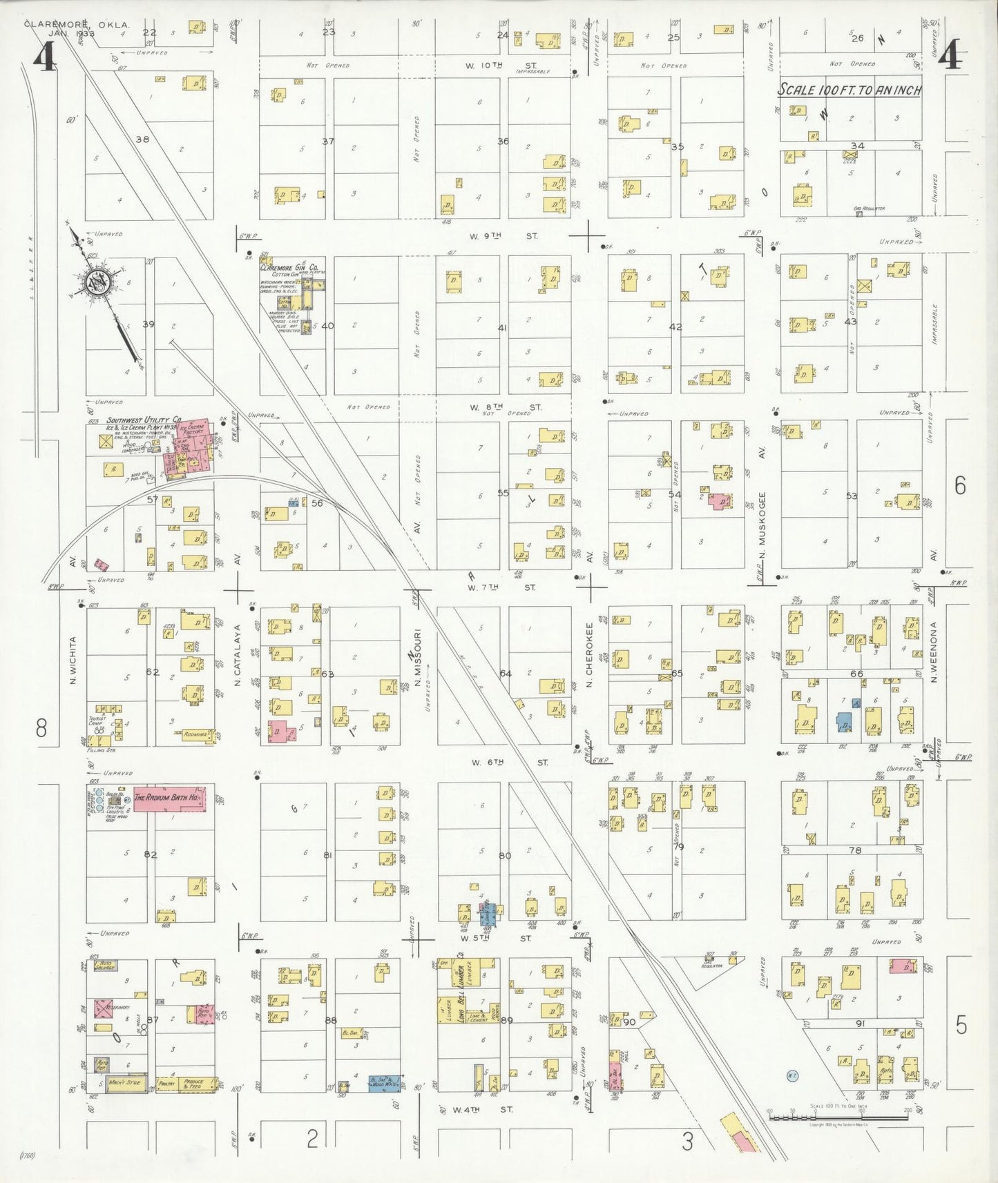 Sanborn Fire Insurance Map from Claremore, Rogers County, Oklahoma (1933), Sheet #0004 - Complete Map Set gallery image, historic Sanborn map, vintage wall art, Oklahoma Oklahoma