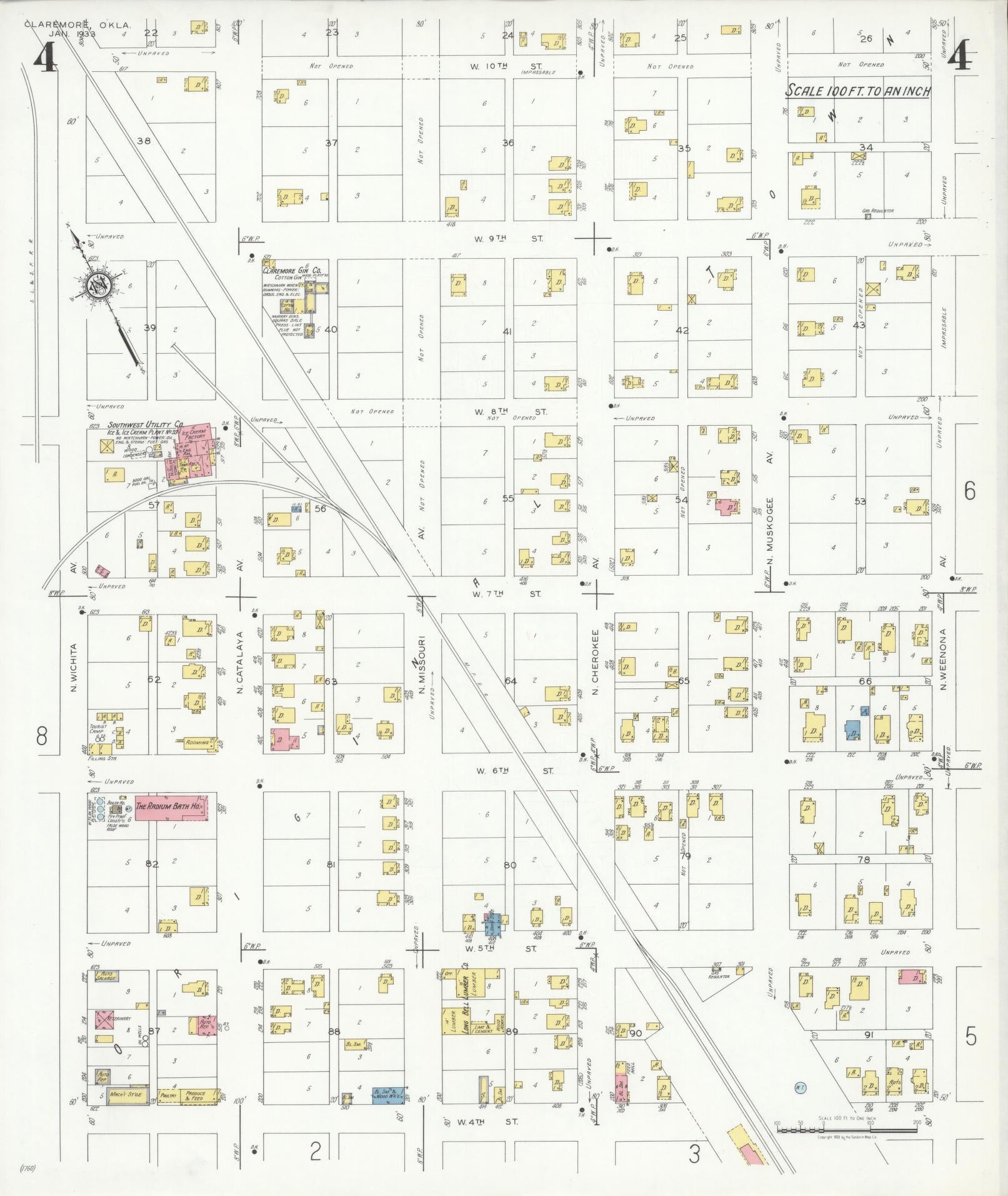 Sanborn Fire Insurance Map from Claremore, Rogers County, Oklahoma (1933), Sheet #0004 - Complete Map Set gallery image, historic Sanborn map, vintage wall art, Oklahoma Oklahoma
