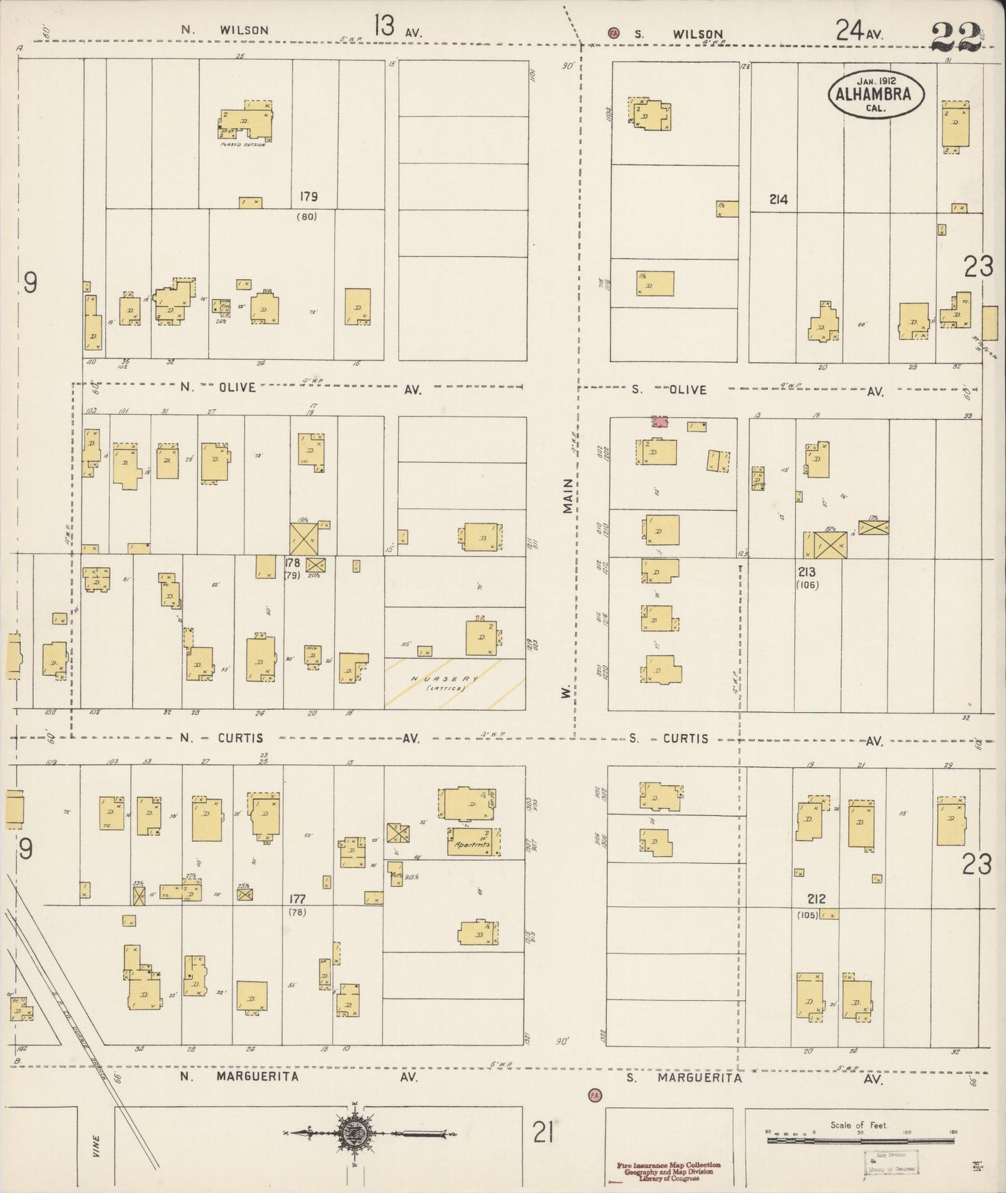 Sanborn Fire Insurance Map from Alhambra, Los Angeles County, California (1912), Sheet #0022 - Historic Sanborn Fire Insurance Map Print, vintage old map wall art, antique decor, genealogy gift, California California map
