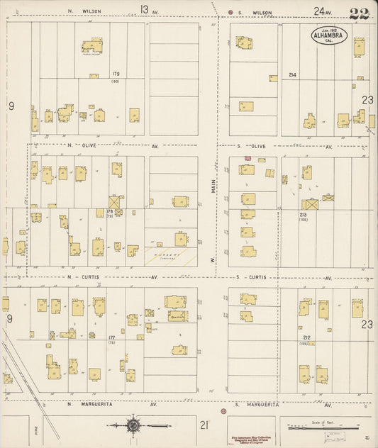 Sanborn Fire Insurance Map from Alhambra, Los Angeles County, California (1912), Sheet #0022 - Historic Sanborn Fire Insurance Map Print, vintage old map wall art, antique decor, genealogy gift, California California map