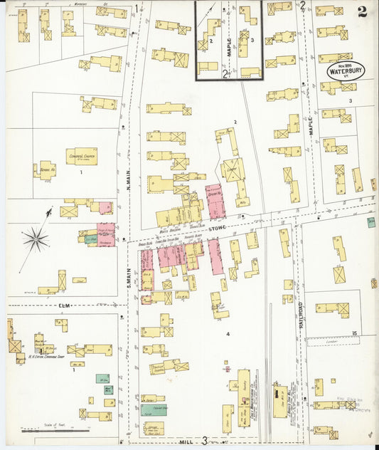 Sanborn Fire Insurance Map from Waterbury, Washington County, Vermont (1899), Sheet #0002 - Historic Sanborn Fire Insurance Map Print, vintage old map wall art, antique decor, genealogy gift, Vermont Vermont map