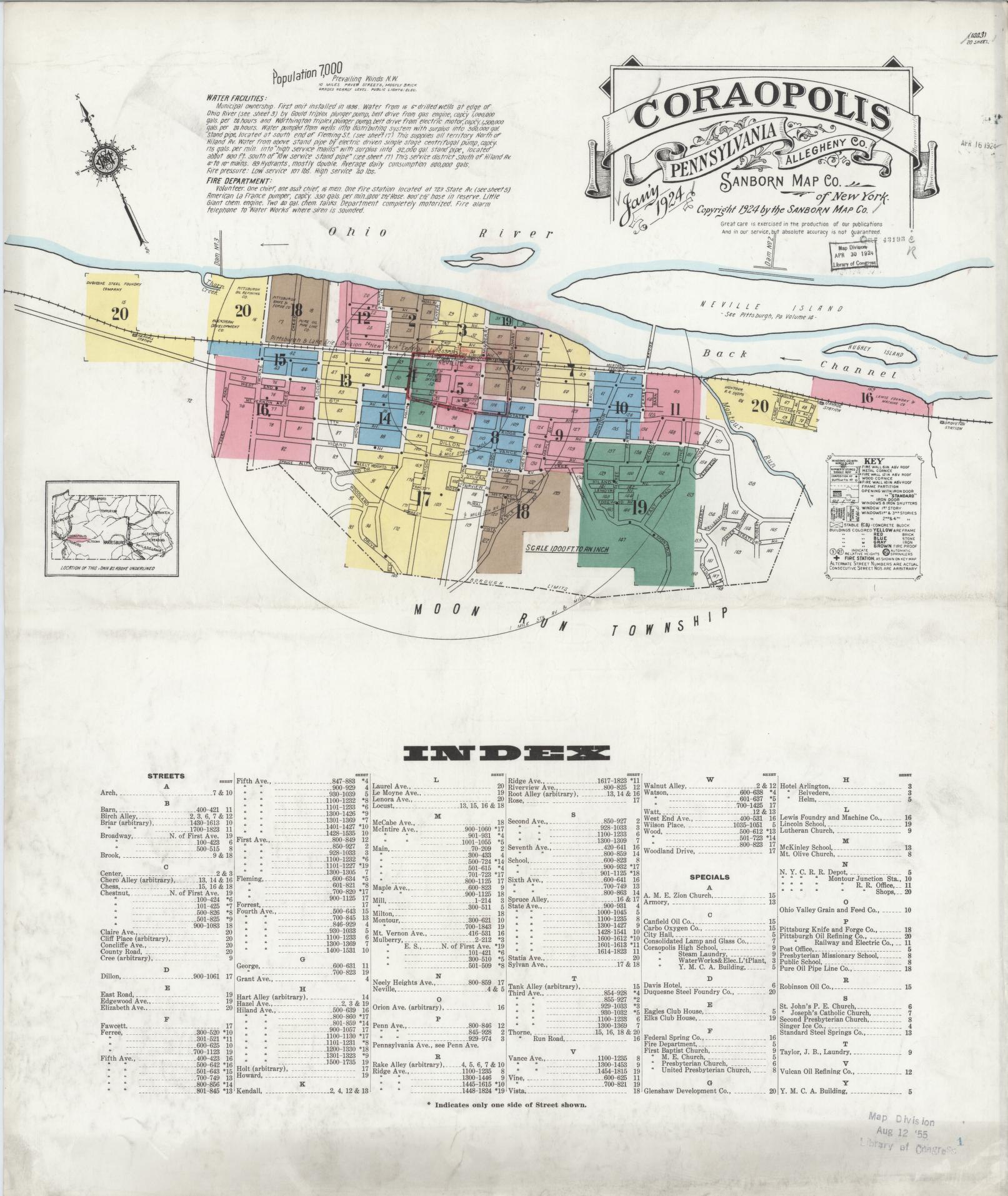Sanborn Fire Insurance Map from Coraopolis, Allegheny County, Pennsylvania (1924), Sheet #0001 - Historic Sanborn Fire Insurance Map Print, vintage old map wall art, antique decor, genealogy gift, Pennsylvania Pennsylvania map