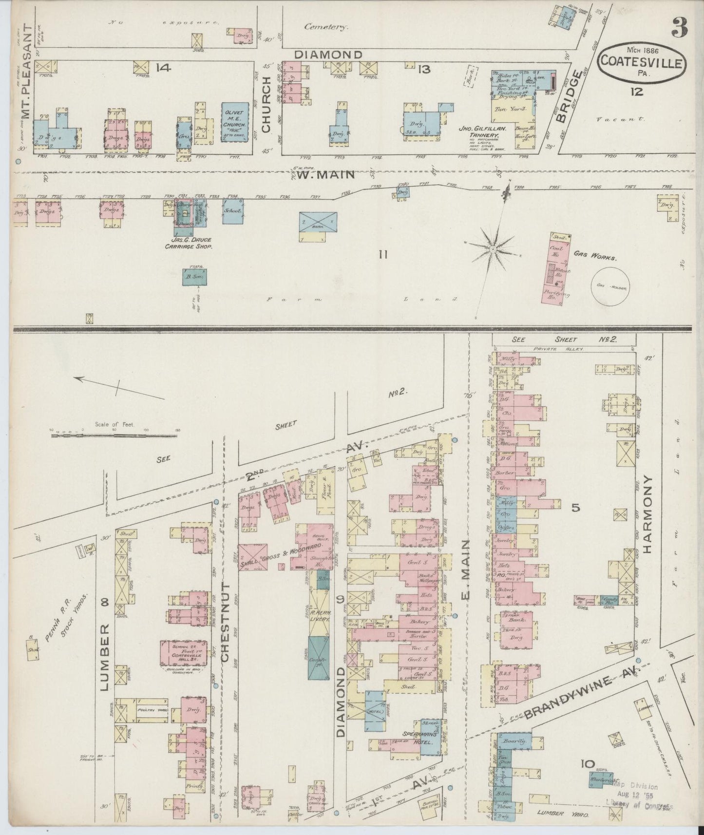 Sanborn Fire Insurance Map from Coatesville, Chester County, Pennsylvania (1886), Sheet #0003 - Historic Sanborn Fire Insurance Map Print, vintage old map wall art, antique decor, genealogy gift, Pennsylvania Pennsylvania map