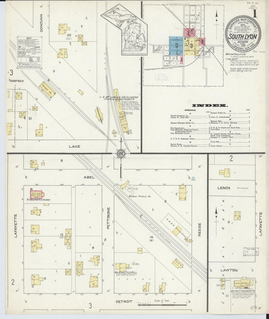 Sanborn Fire Insurance Map from South Lyon, Oakland County, Michigan (1913), Sheet #0001 - Complete Map Set gallery image, historic Sanborn map, vintage wall art, Michigan Michigan