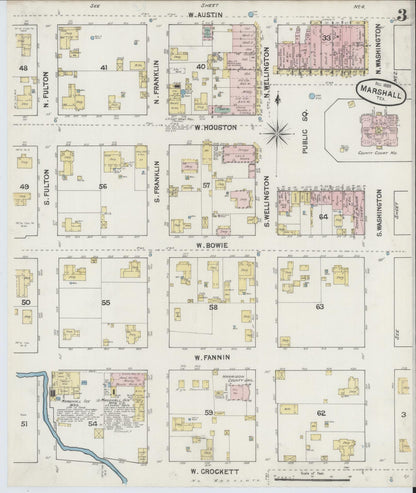 Sanborn Fire Insurance Map from Marshall, Harrison County, Texas (1889), Sheet #0003 - Historic Sanborn Fire Insurance Map Print, vintage old map wall art, antique decor, genealogy gift, Texas Texas map