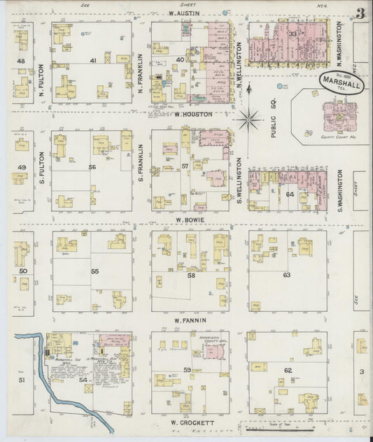 Sanborn Fire Insurance Map from Marshall, Harrison County, Texas (1889), Sheet #0003 - Historic Sanborn Fire Insurance Map Print, vintage old map wall art, antique decor, genealogy gift, Texas Texas map