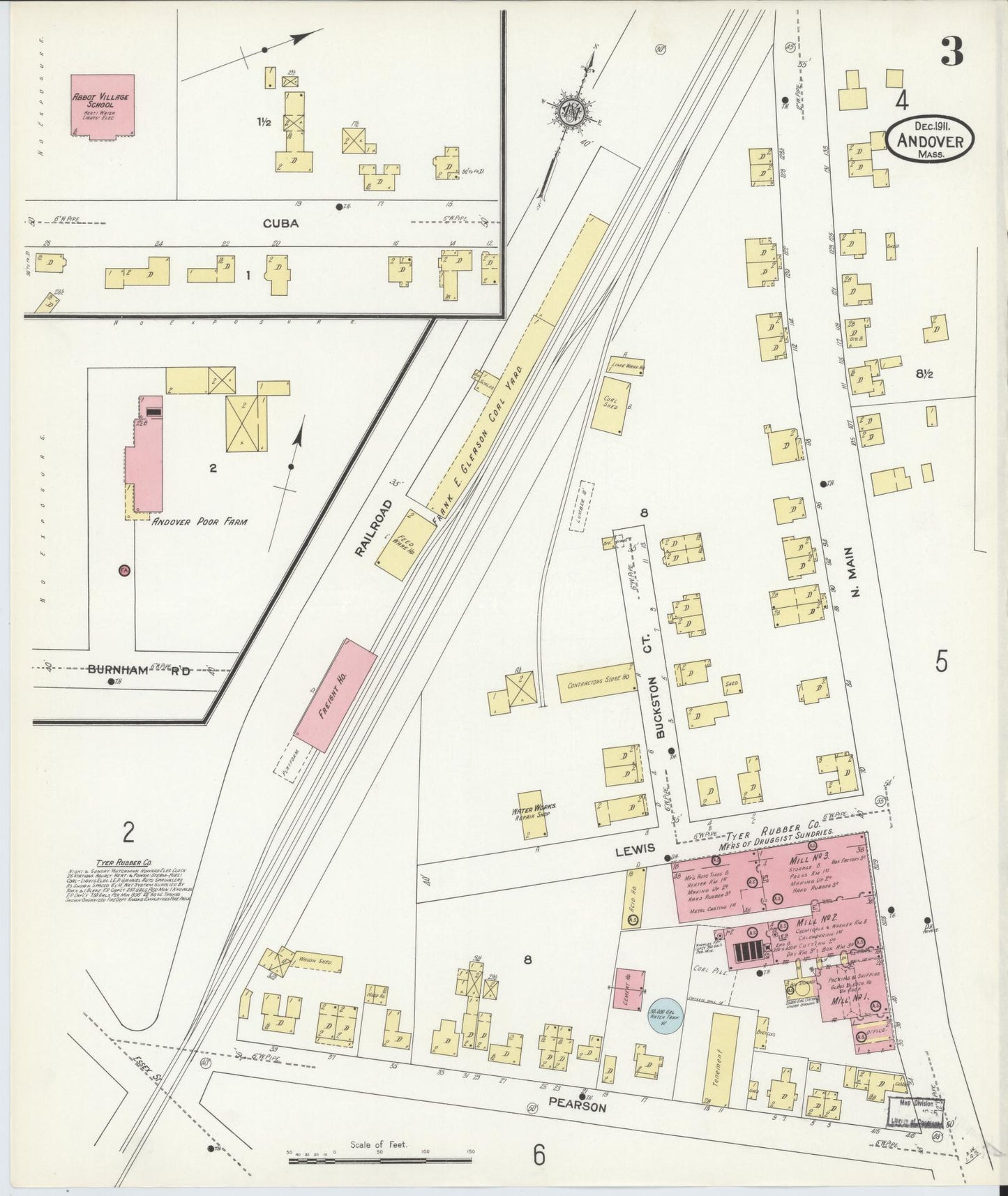 Sanborn Fire Insurance Map from Andover, Essex County, Massachusetts (1911), Sheet #0003 - Historic Sanborn Fire Insurance Map Print, vintage old map wall art, antique decor, genealogy gift, Massachusetts Massachusetts map