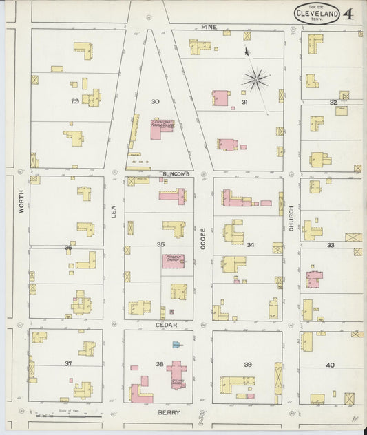 Sanborn Fire Insurance Map from Cleveland, Bradley County, Tennessee (1892), Sheet #0004 - Historic Sanborn Fire Insurance Map Print, vintage old map wall art, antique decor, genealogy gift, Tennessee Tennessee map