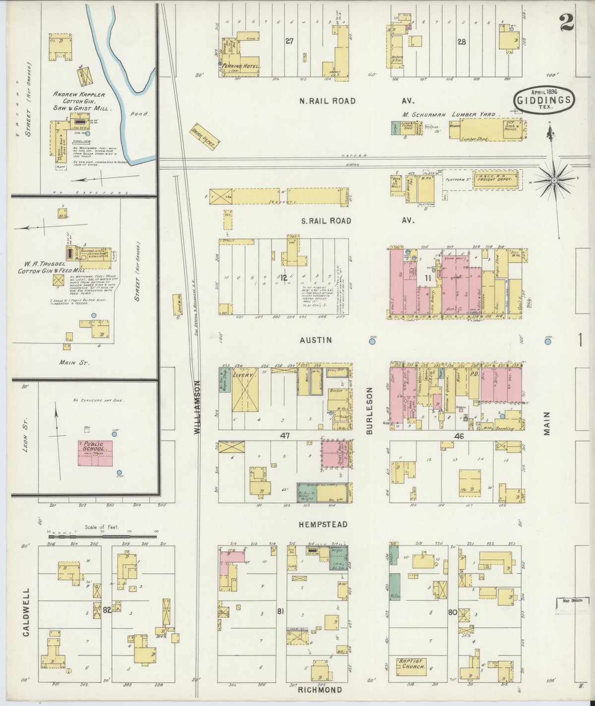 Sanborn Fire Insurance Map from Giddings, Lee County, Texas (1896), Sheet #0002 - Historic Sanborn Fire Insurance Map Print, vintage old map wall art, antique decor, genealogy gift, Texas Texas map