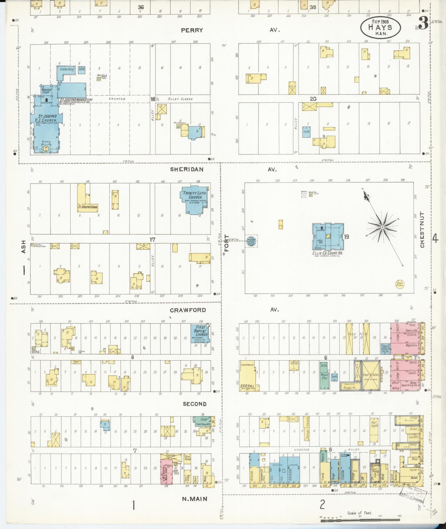 Sanborn Fire Insurance Map from Hays, Ellis County, Kansas (1905), Sheet #0003 - Complete Map Set gallery image, historic Sanborn map, vintage wall art, Kansas Kansas