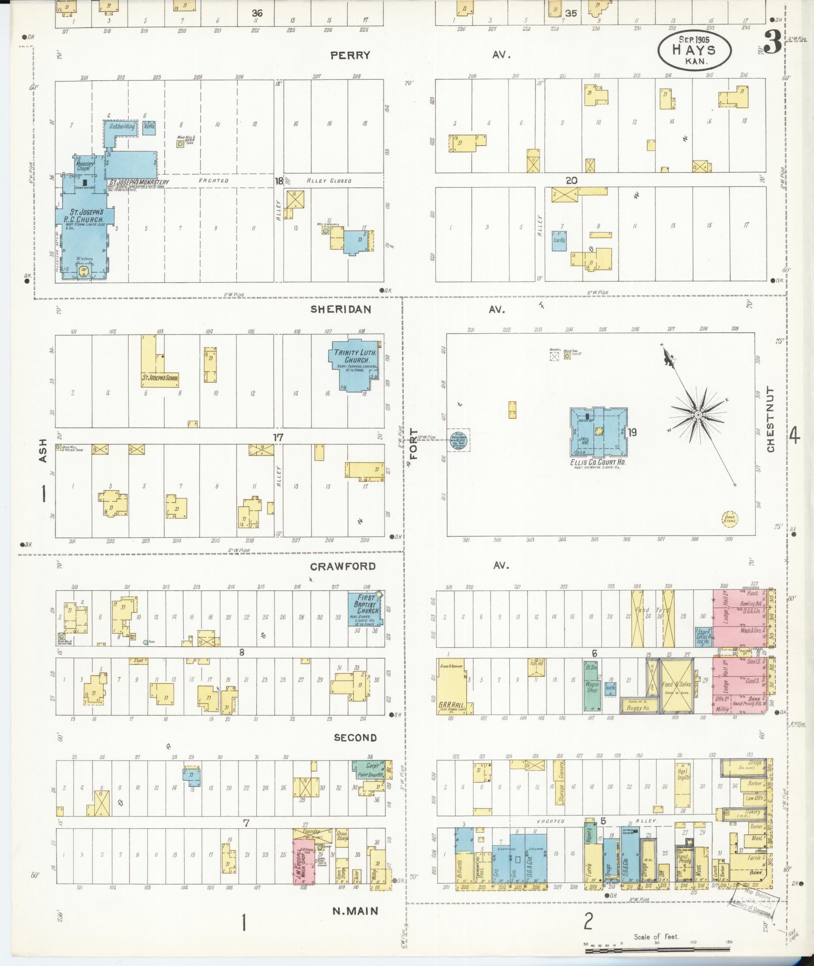 Sanborn Fire Insurance Map from Hays, Ellis County, Kansas (1905), Sheet #0003 - Complete Map Set gallery image, historic Sanborn map, vintage wall art, Kansas Kansas
