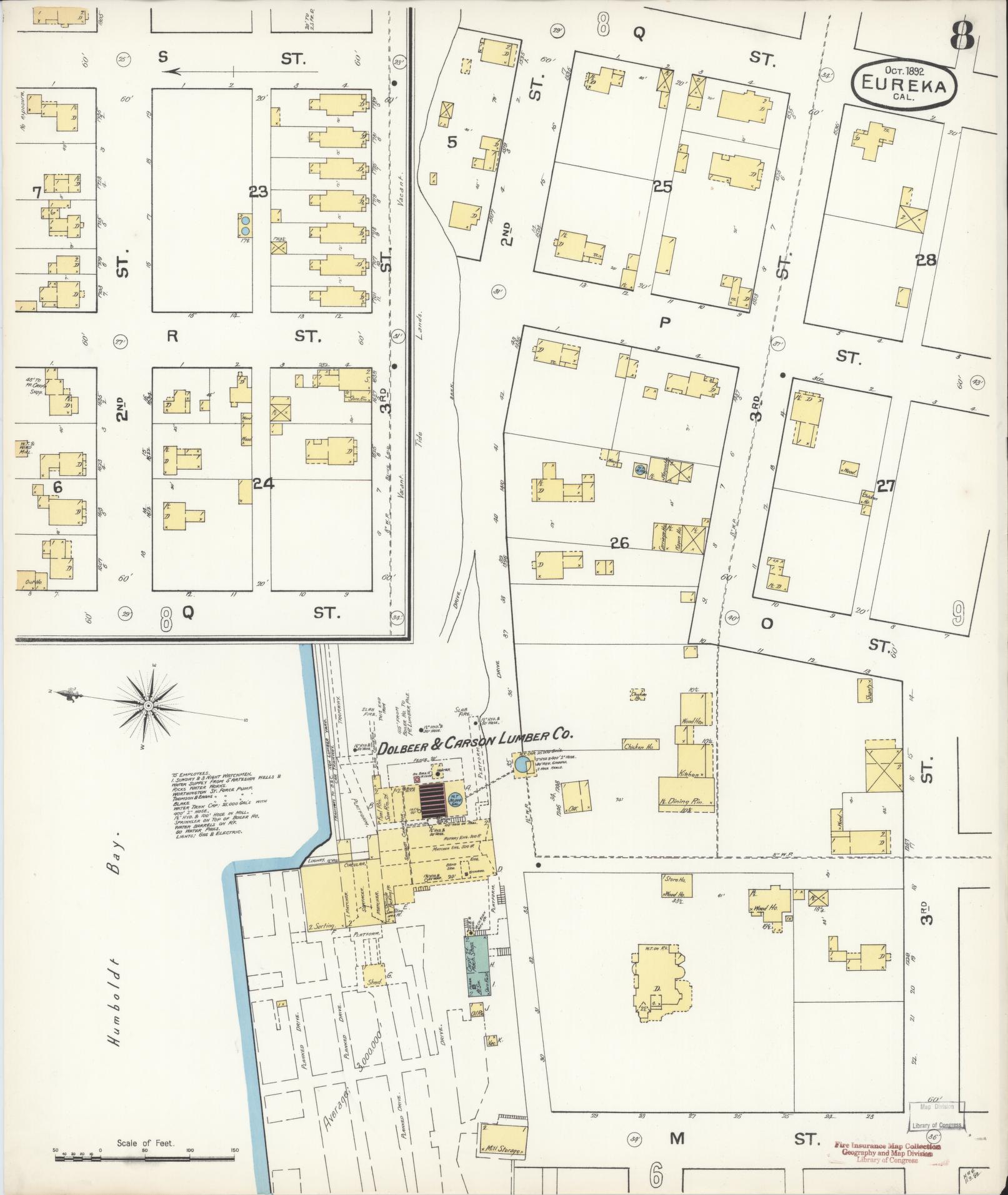 Sanborn Fire Insurance Map from Eureka, Humboldt County, California (1892), Sheet #0008 - Historic Sanborn Fire Insurance Map Print, vintage old map wall art, antique decor, genealogy gift, California California map