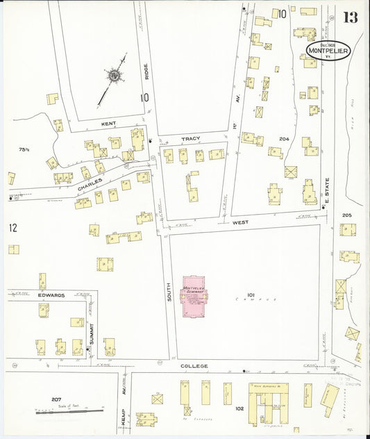 Sanborn Fire Insurance Map from Montpelier, Washington County, Vermont (1909), Sheet #0013 - Historic Sanborn Fire Insurance Map Print, vintage old map wall art, antique decor, genealogy gift, Vermont Vermont map
