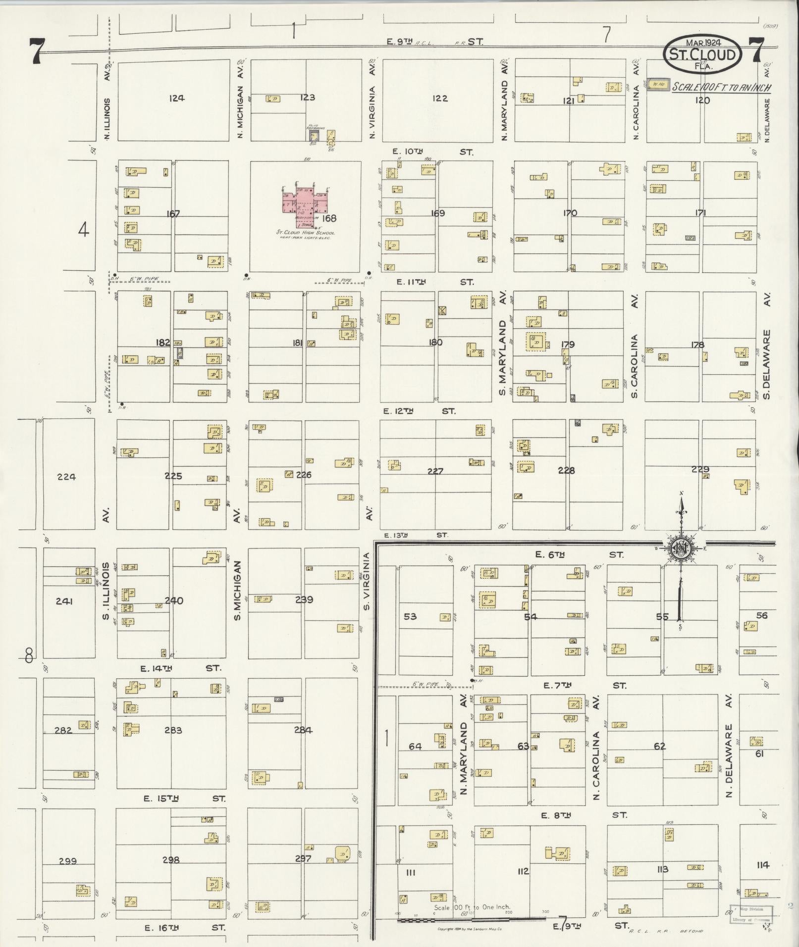 Sanborn Fire Insurance Map from Saint Cloud, Osceola County, Florida (1924), Sheet #0007 - Complete Map Set gallery image, historic Sanborn map, vintage wall art, Florida Florida