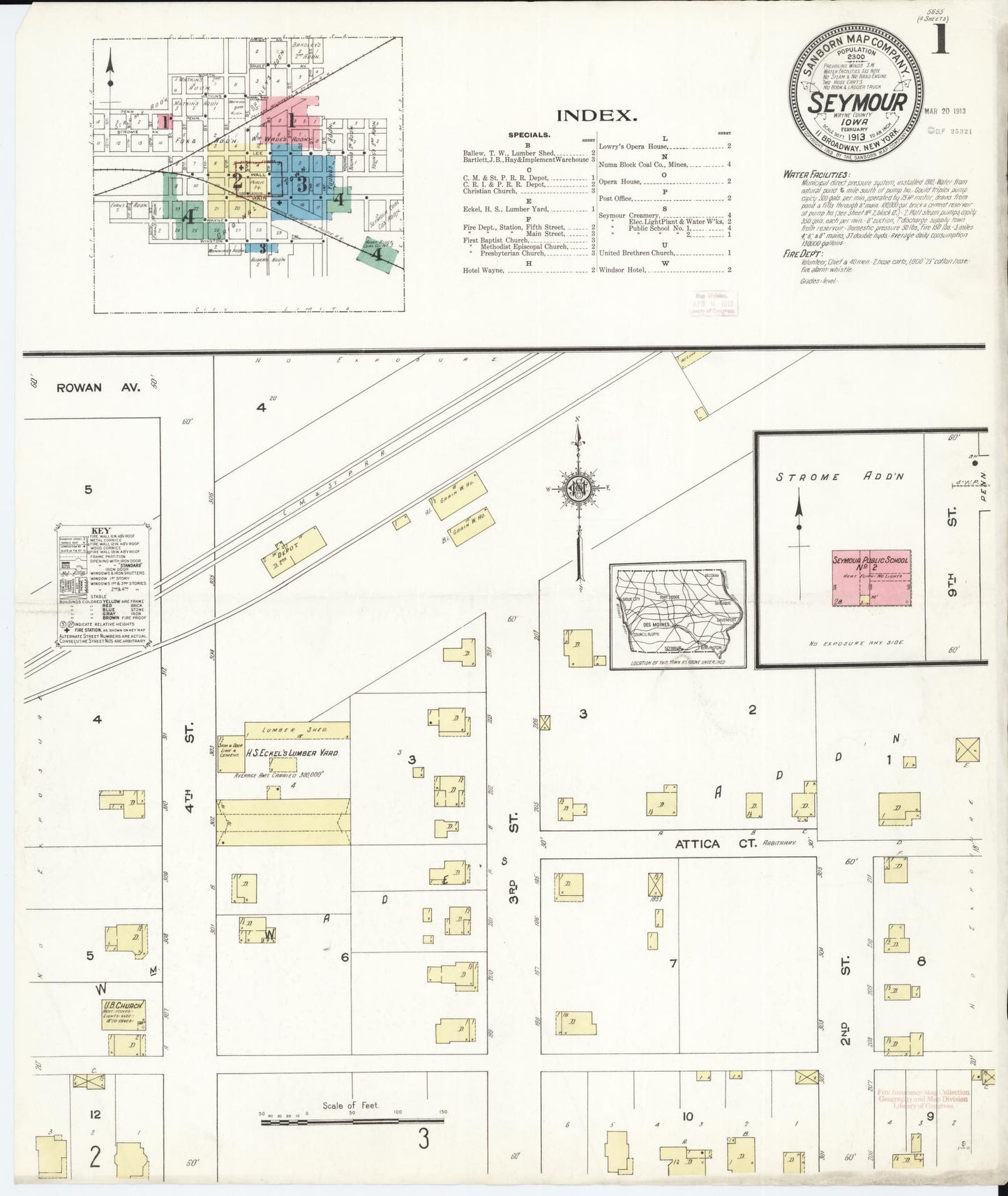 Sanborn Fire Insurance Map from Seymour, Wayne County, Iowa (1913), Sheet #0001 - Historic Sanborn Fire Insurance Map Print, vintage old map wall art