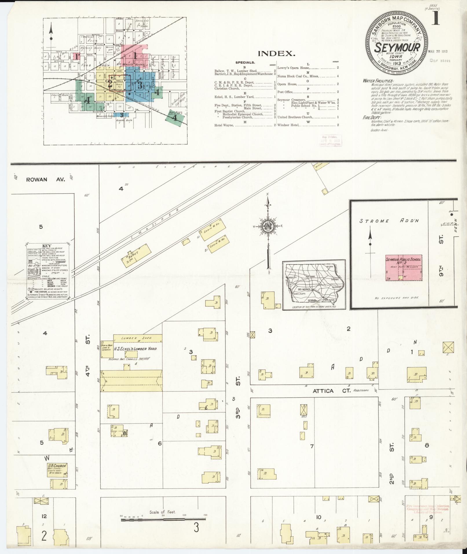 Sanborn Fire Insurance Map from Seymour, Wayne County, Iowa (1913), Sheet #0001 - Historic Sanborn Fire Insurance Map Print, vintage old map wall art