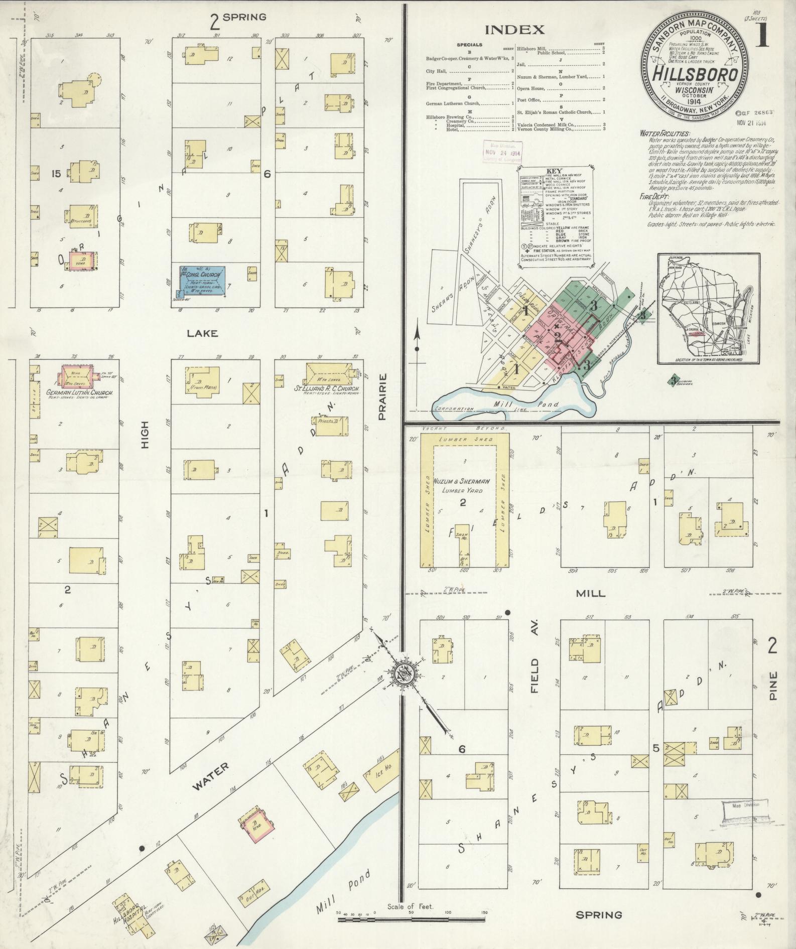 Sanborn Fire Insurance Map from Hillsboro, Vernon County, Wisconsin (1914), Sheet #0001 - Historic Sanborn Fire Insurance Map Print, vintage old map wall art, antique decor, genealogy gift, Wisconsin Wisconsin map